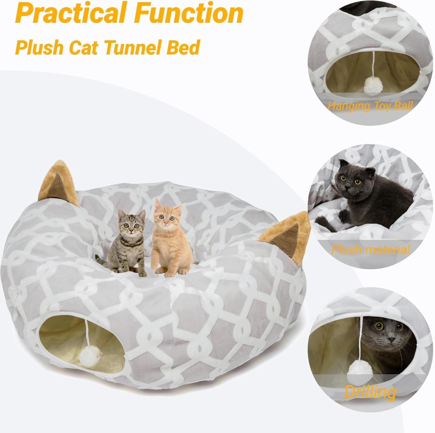 Cat Dog Tunnel Bed with Cushion Tube Toys Oxford Cloth Large Diameter Longer Crinkle Collapsible 3 Way for Large Cats Kittens Kitty Small Puppy Outdoor 3FT